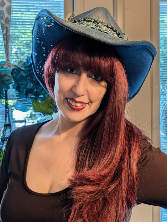 Distressed Blue Rustic Peacock Cowgirl Hat