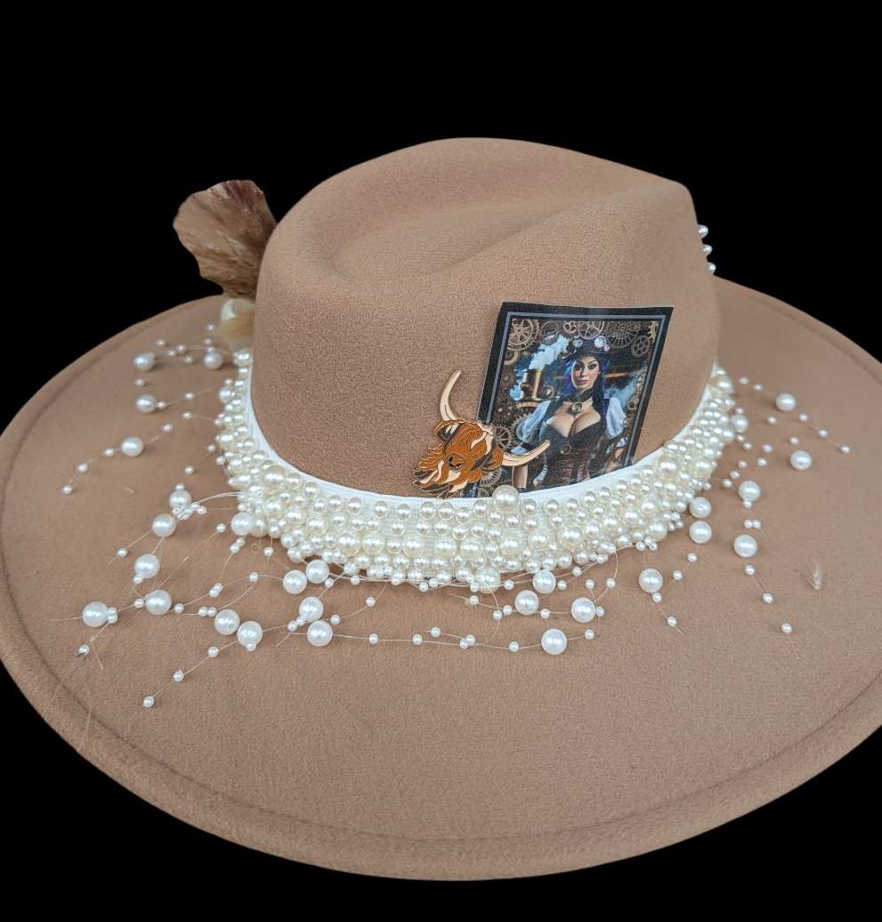 Pearl Fedora Hat – Tan Flat Brim