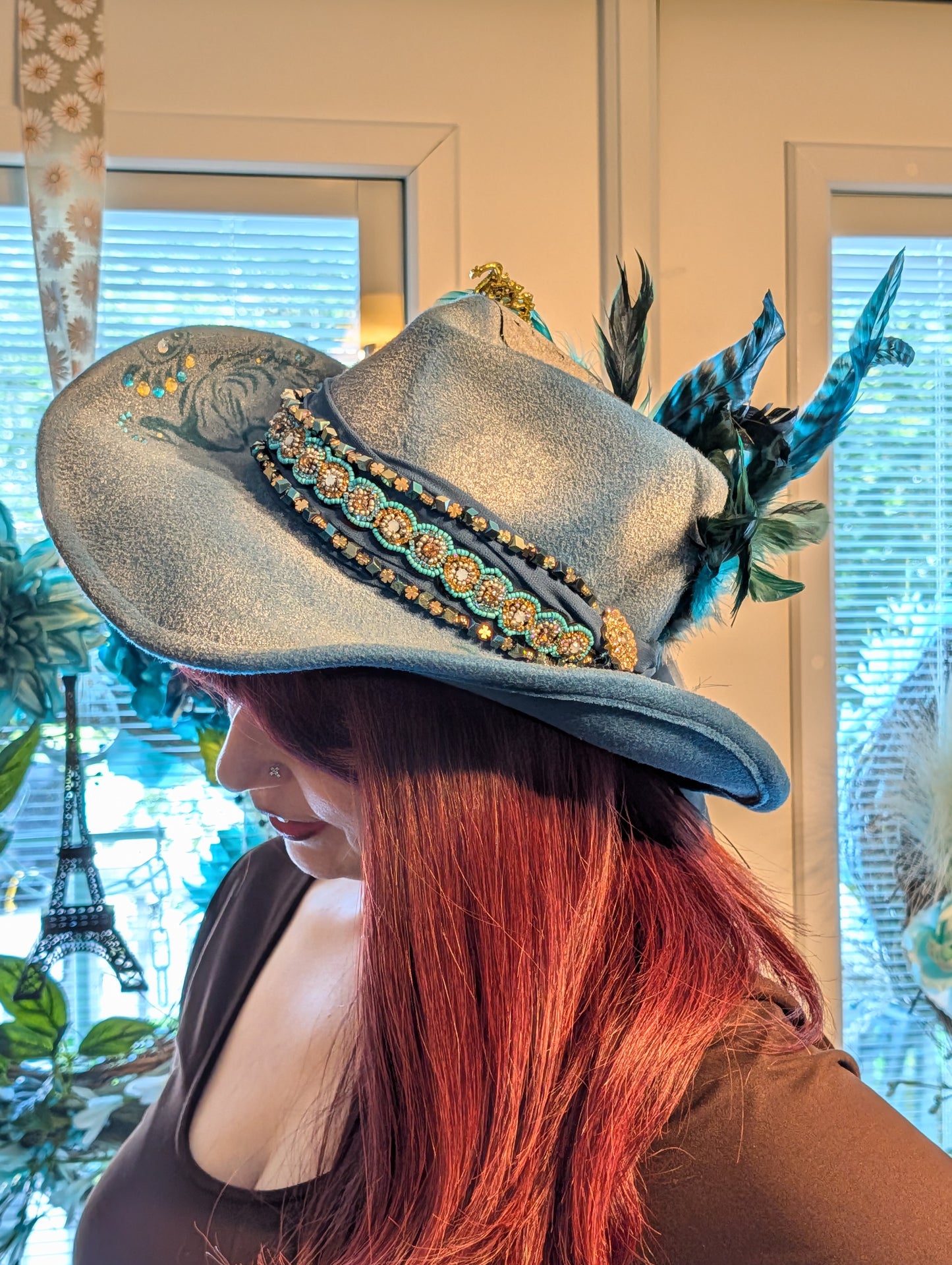 Distressed Blue Rustic Peacock Cowgirl Hat