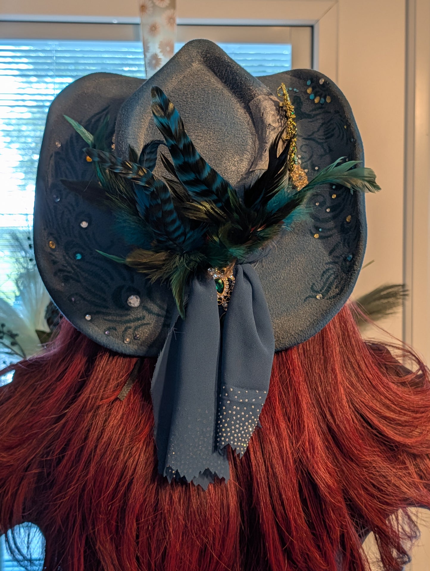 Distressed Blue Rustic Peacock Cowgirl Hat