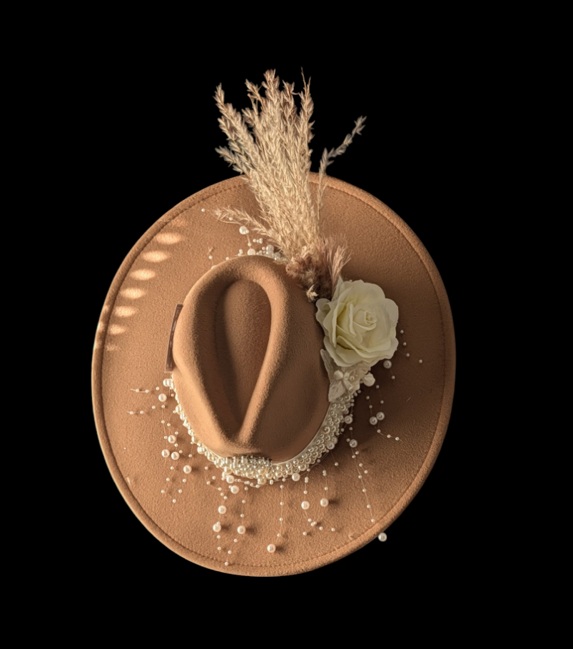 Pearl Fedora Hat – Tan Flat Brim